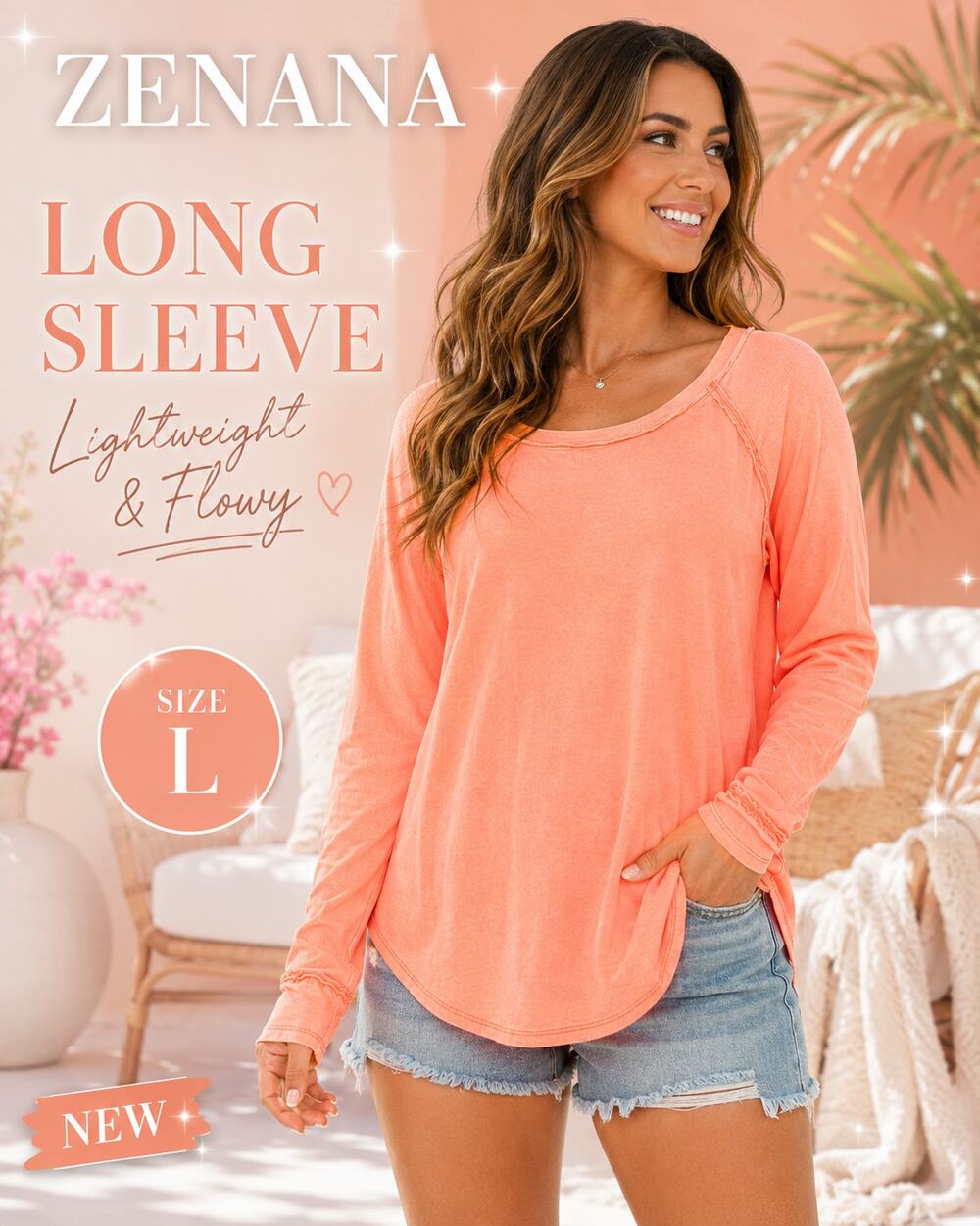 Zenana Peach Raw Edge Raglan Long Sleeve Cotton Top Size L NEW